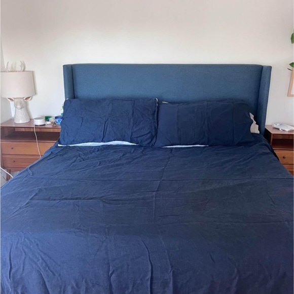 West Elm blue linen queen duvet and two shams